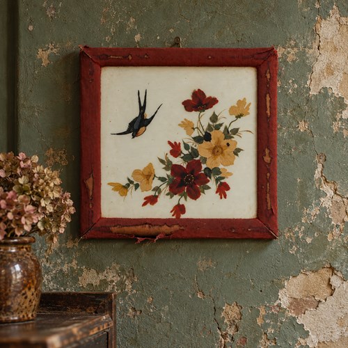 Chinese Glass Painting Small Antique Distressed Swallow Picture Flowers Wall Art