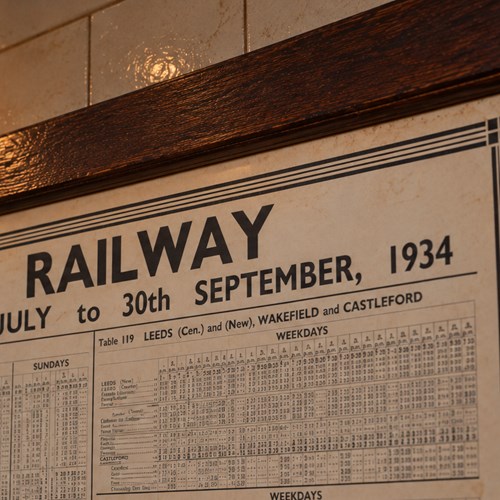 1934 Train Station Timetable L.N.E.R Board Antique Original Poster Leeds Sign
