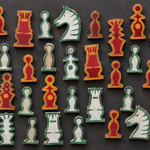 English Folk Art Hand Painted Wooden Chess Set Antique Games Toys  Board Wood