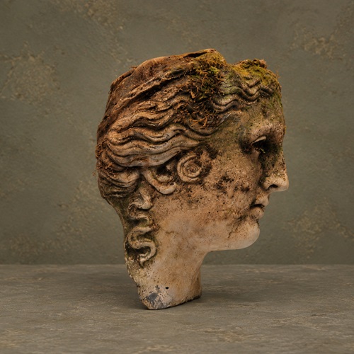 Stone Head Old Vintage Antique Garden Statue Female Moss Weathered Worn