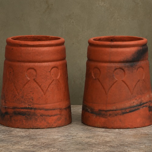 Angel Pattern Chimney Pots Pair Old Vintage Antique Terracotta Garden Planters