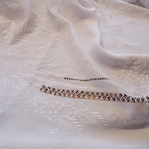 Wonderful XL Embroidered White Linen Bedspread