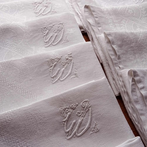 Set Of 12 French Linen Damask Napkins, LD Monos