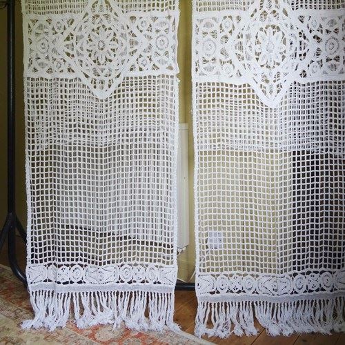 Pair Of Vintage French Curtains With Tassel Hems