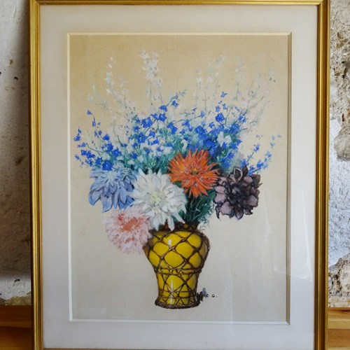 Large French Pastel, Delphiniums And Dahlias