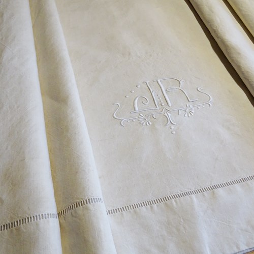 Unused French Linen Sheet, JR Monogram