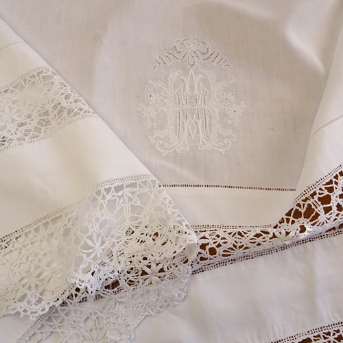 Large White Linen Sheet, Lace And Monogram