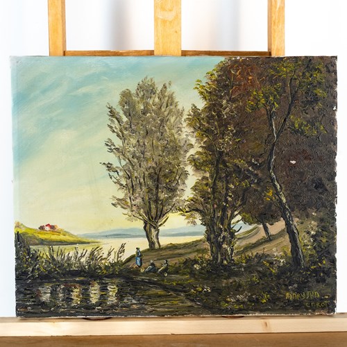 Resting By The Shore - French Oil On Canvas