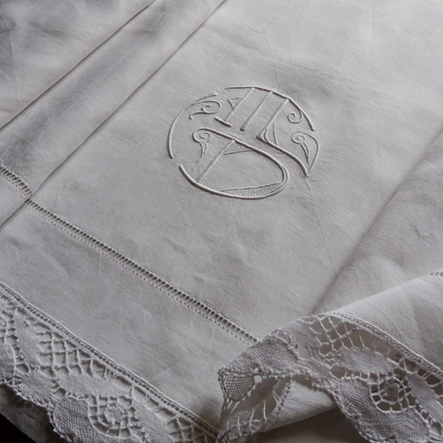 Large Pure Linen Sheet, Lace Edge, MD Monogram