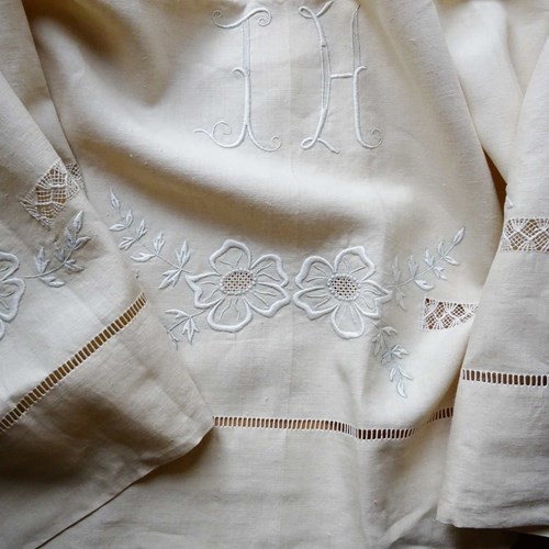 Exceptional XL French Linen Sheet; Rose Decoration