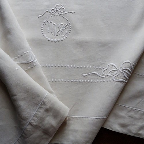 Charming French Linen Sheet, MH Monogram