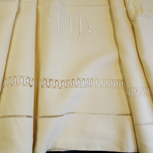 Elegant XL French Linen Sheet; IH Monogram