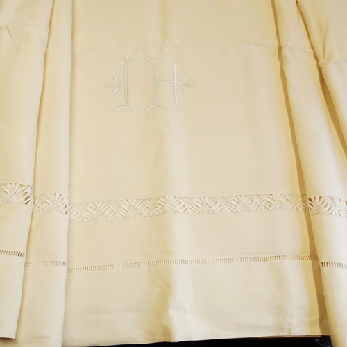 Unused XL French Linen Sheet, IH Monogram