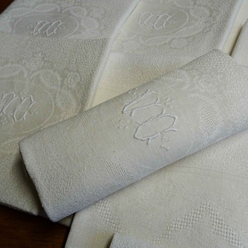 Set Of 11 Vintage French Linen Damask Napkins 