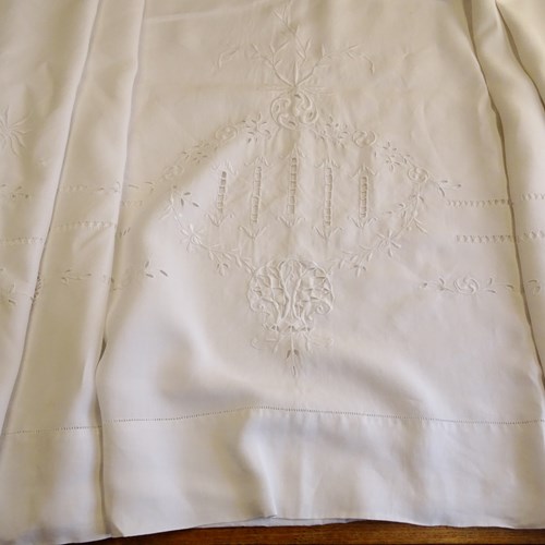XL French Linen Sheet, Elaborate Embroidery