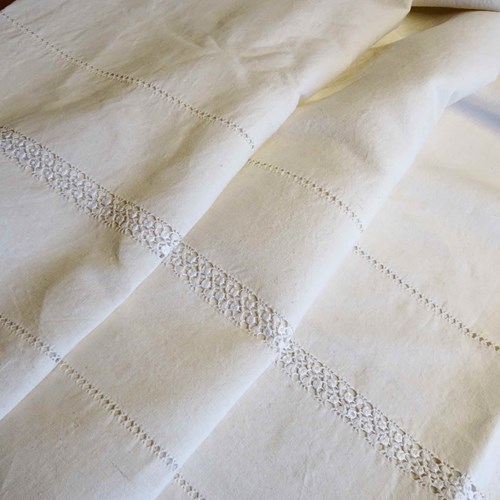 Large French Linen Sheet With Decorative Hem