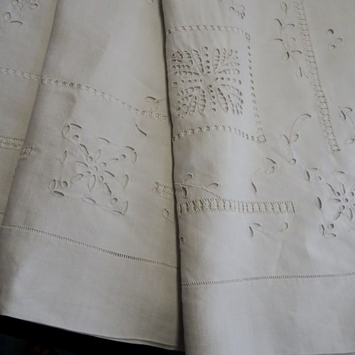 Antique French Linen Sheet With Elaborate Embroidery