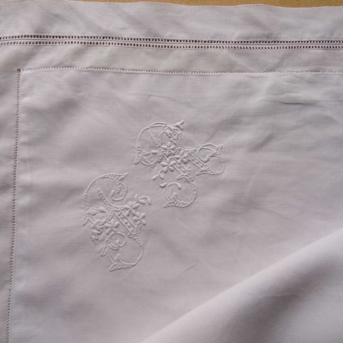 Fine white linen square pillowcase, PR/JR monogram