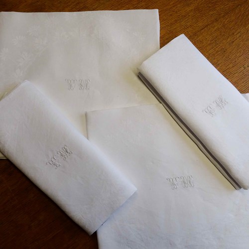 Set Of 4 Huge French Linen Damask Napkins/Towels