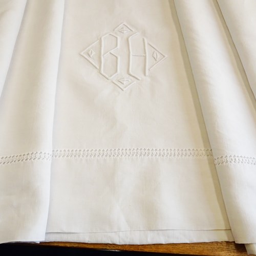 XL French White Linen Sheet, BH Monogram