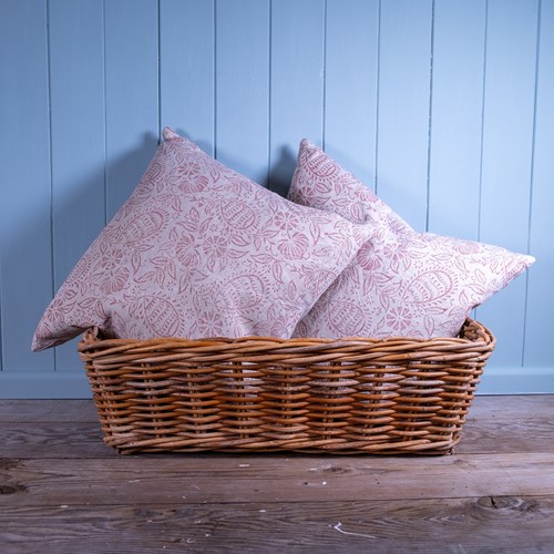 Pair Of Antique French Linen Cushions, Hand Printed