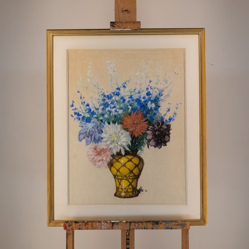 Large French Pastel, Delphiniums And Dahlias