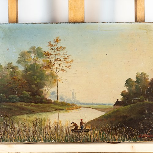 Gone Fishing - Antique French Oil On Board