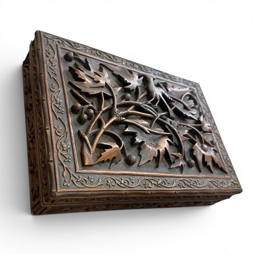 Exquisitely Carved Anglo-Indian Hardwood Box With Birds & Vines, C.1900