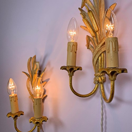 1970'S Gilt Wooden Bulrush Wall Lights
