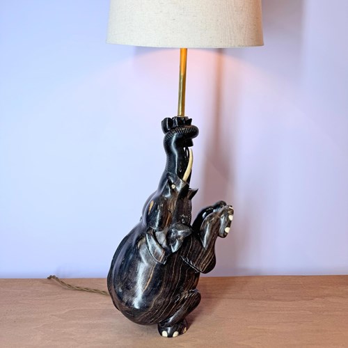 Hand Carved Ebony Elephant Table Lamp 1950'S