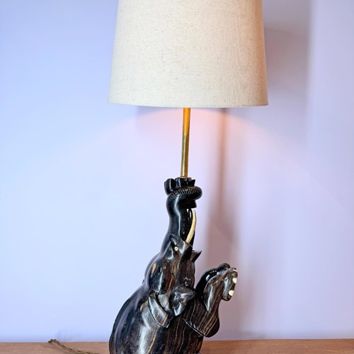 Hand Carved Ebony Elephant Table Lamp 1950'S