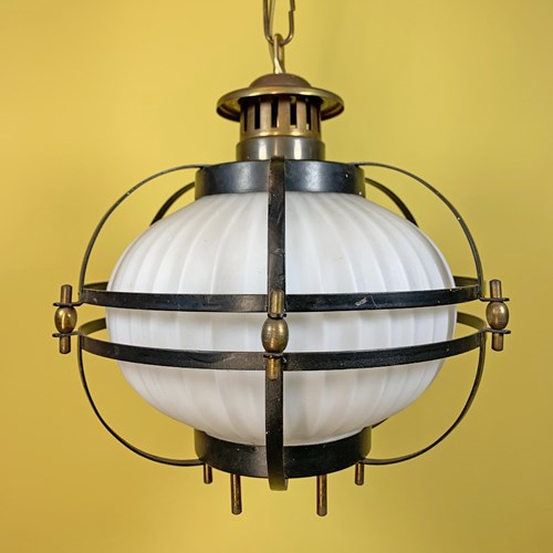 Vintage Caged Milk Glass Pendant Light