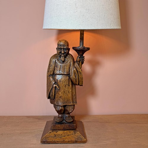 Vintage Carved Wood Asian Man Table Lamp