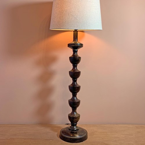Vintage Wood Effect Bobbin Style Metal Table Lamp
