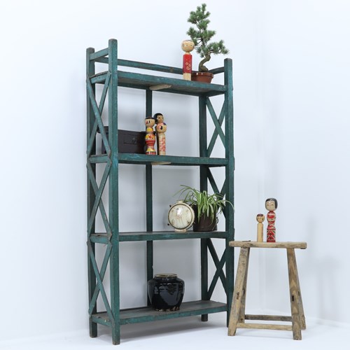 Vintage Teal Hand Painted Indian Shelving Unit