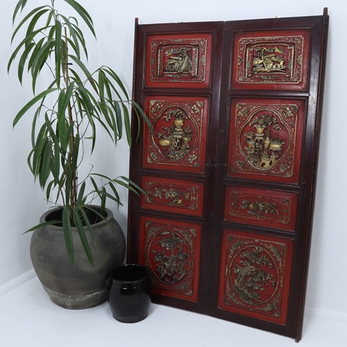 Early 20Th Century Hand-Painted Red Set Of Cabinet Doors