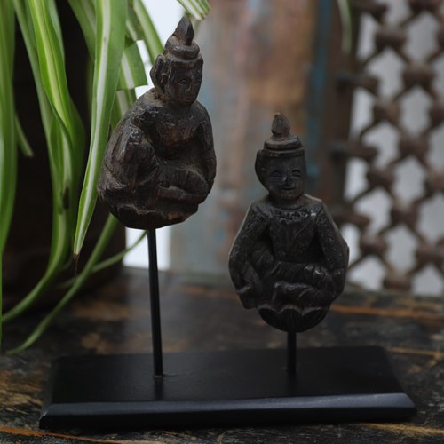 19Th Century Hand-Carved Wooden Buddhas On A Museum Mount