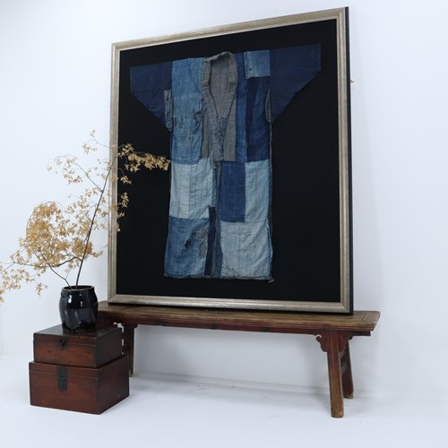 Meiji Period Japanese Indigo Framed Boro Kimono