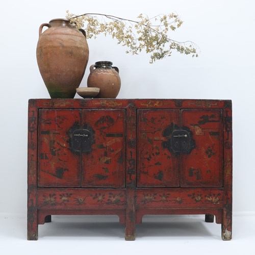 Red Lacquer Chinese Sideboard From Shanxi - 18Th Century