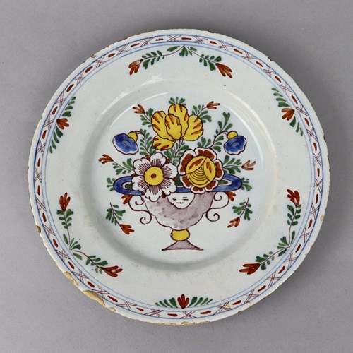 Delft Plate Painted With A Vase Of Flowers