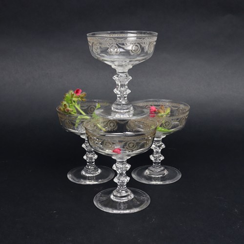 Baccarat Crystal Champagne Coupes With Gilt Engraved Decoration