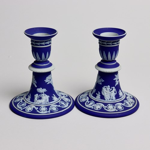 Pair Of Wedgwood, Dark Blue Jasper Candlesticks