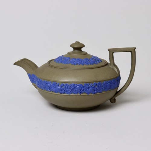 Wedgwood Drabware Teapot With Blue Relief