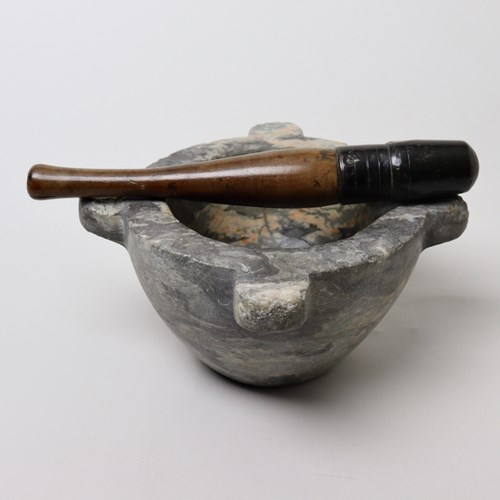 18Th Century, Grey & Pink Marble Mortar With Pestle