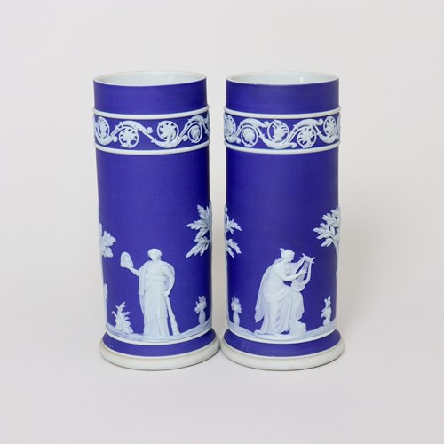 Pair Of Wedgwood Blue Jasper Spill Vases