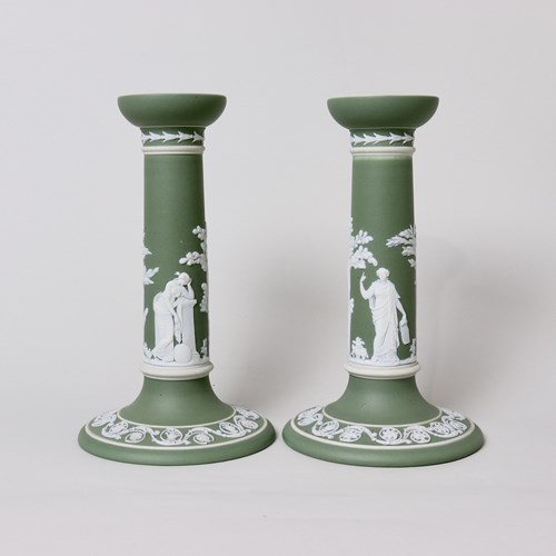 Pair Of Wedgwood Green Jasper Candlesticks