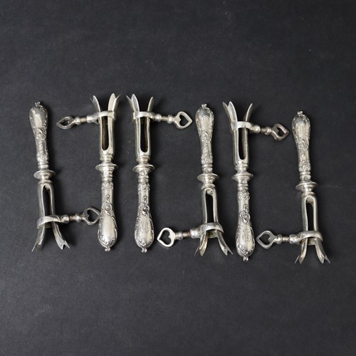 Set Of 6, Small French Silver Bone Clamps With Engraved Monogram