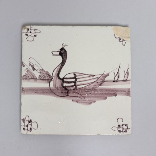 Manganese Delft Tile Painted With A Duck