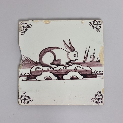 Manganese Delft Tile Painted With A Rabbit