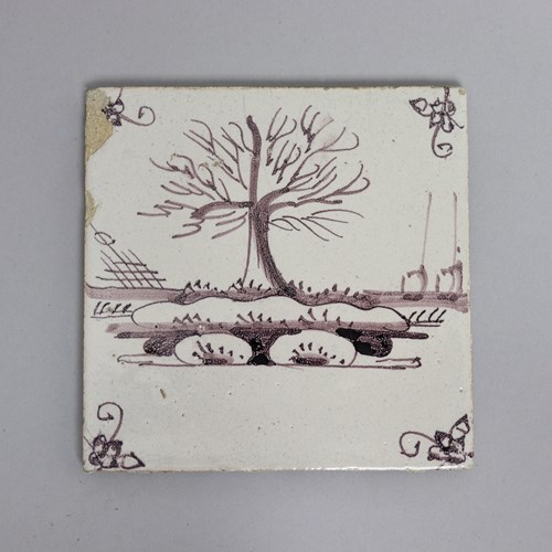 Manganese Delft Tile Painted With A Tree